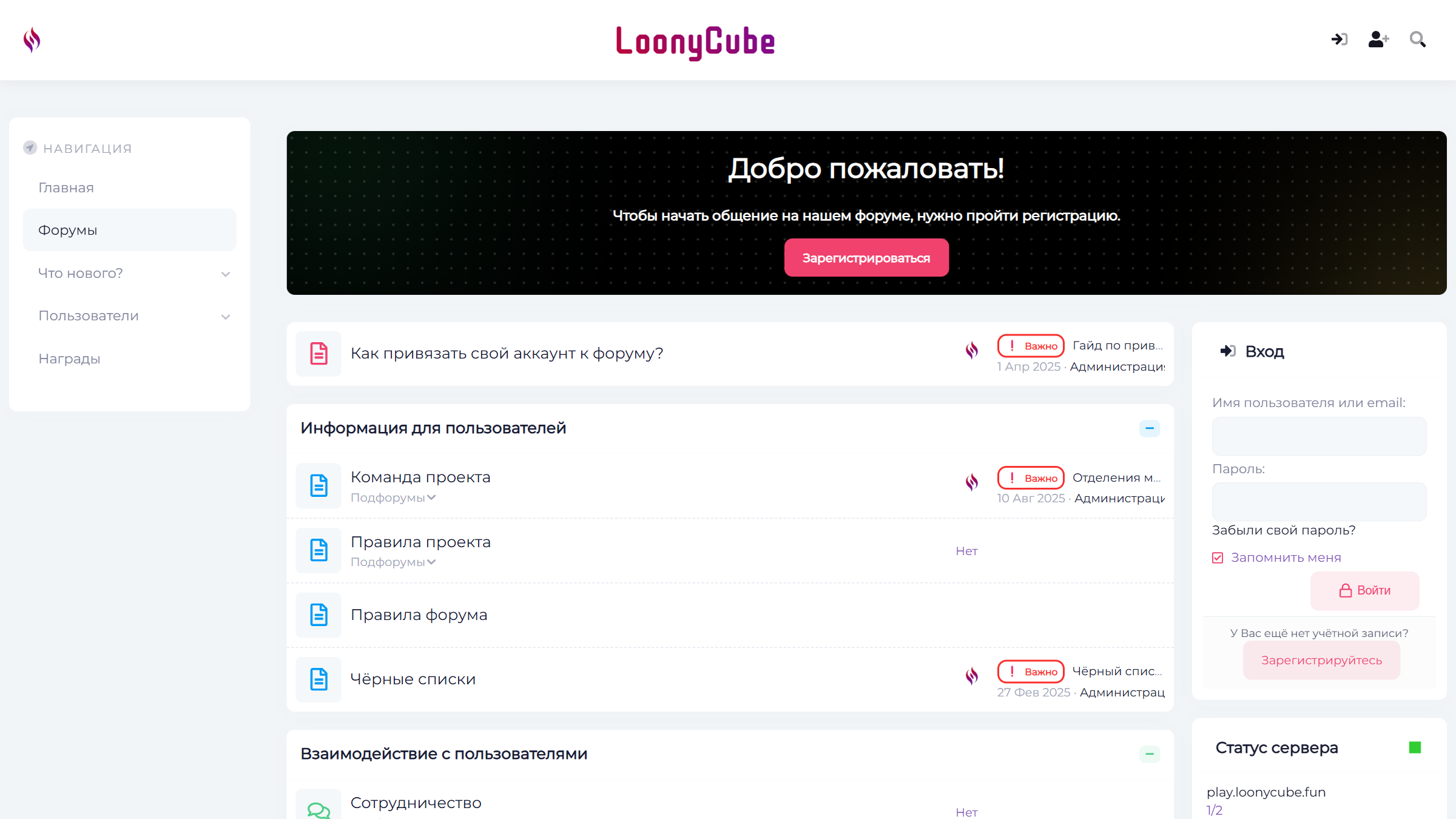 Экран проекта Форум LoonyCube
